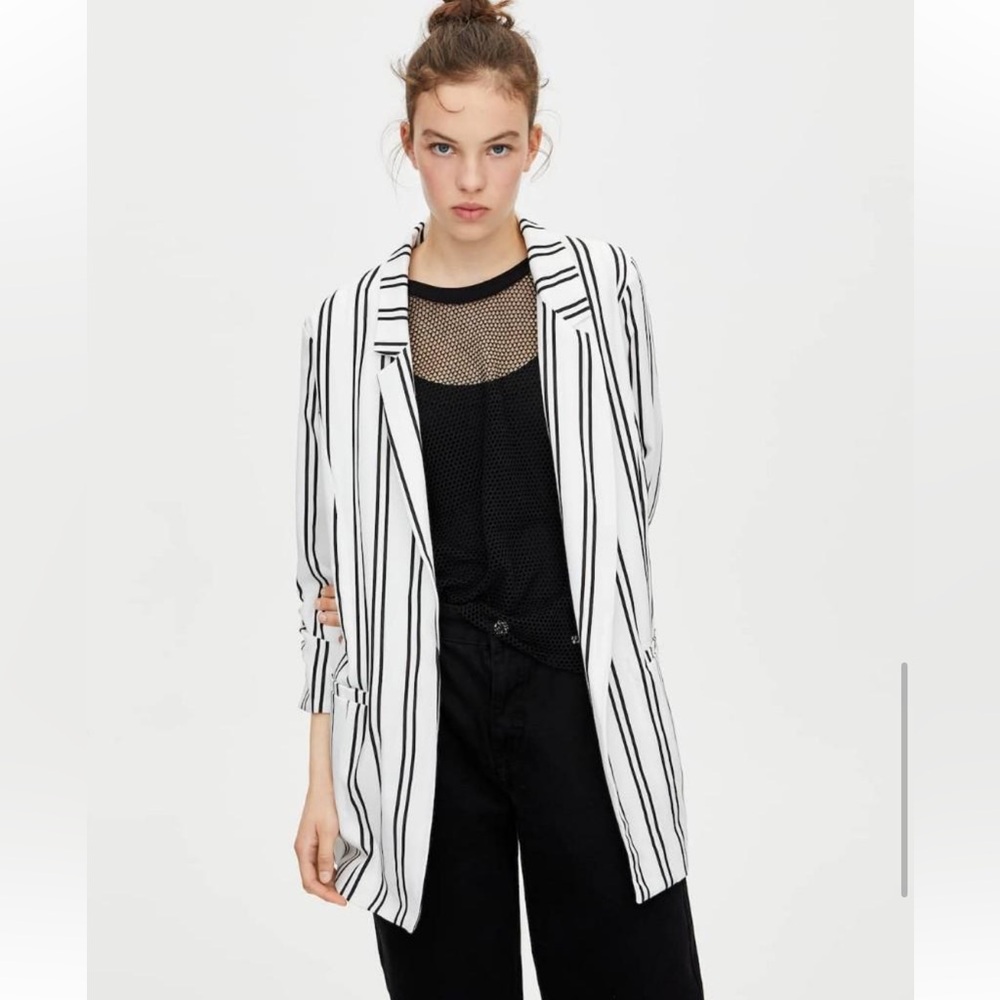 PULL & BEAR Cotton Blend Striped Blazer